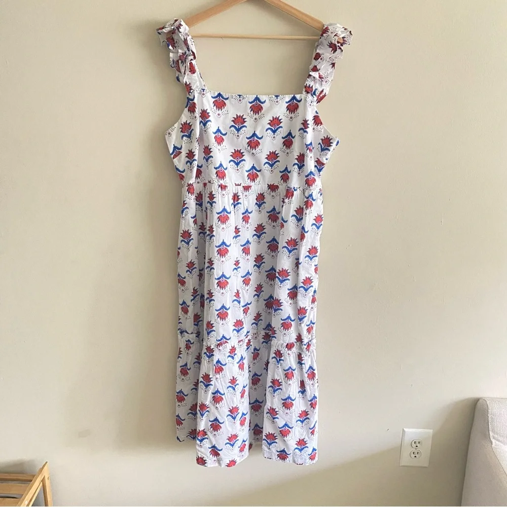 NEW J. Crew Square Neck Midi Dress in Floral Red White Blue Print - 18